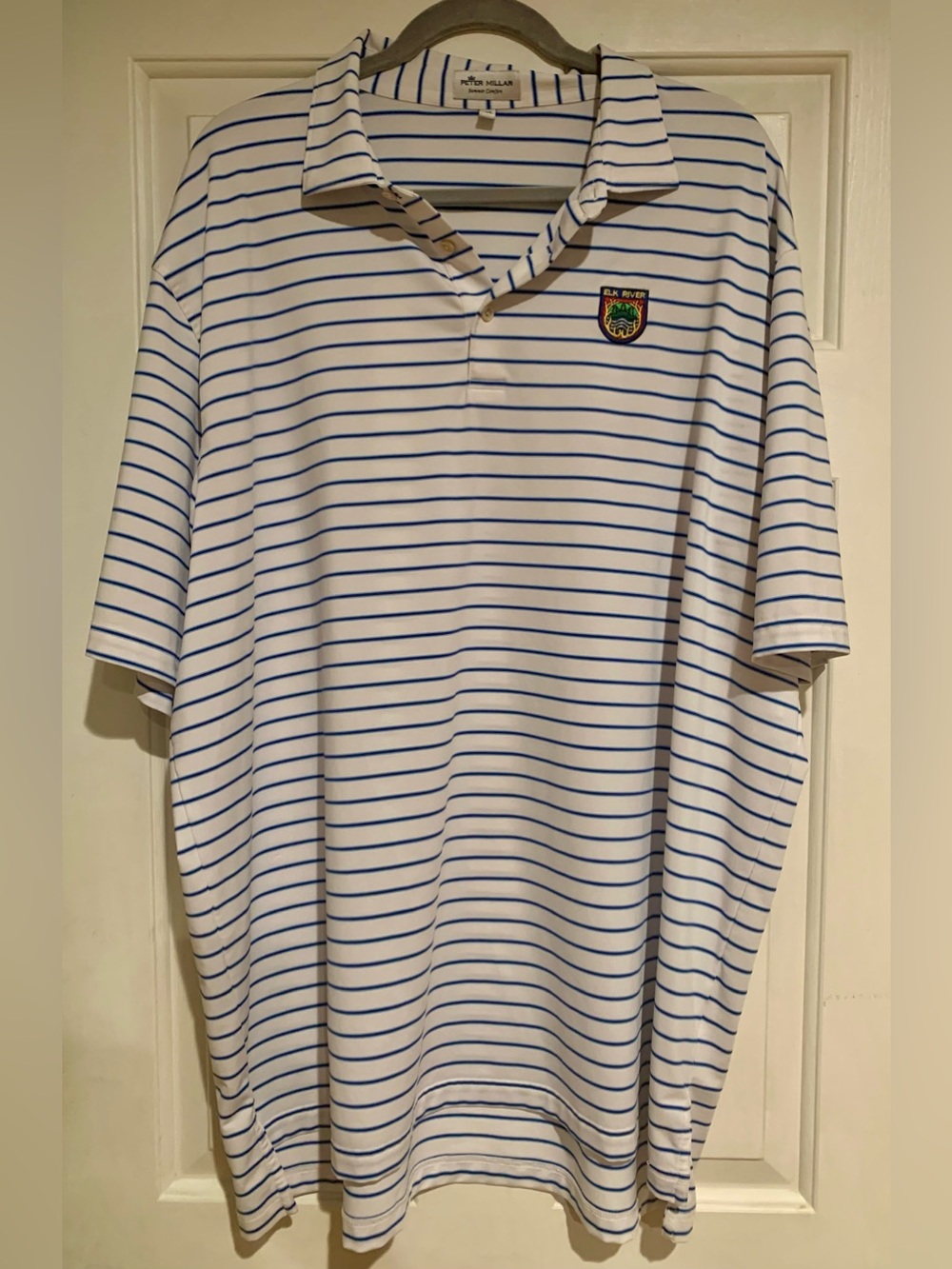 Peter Millar Men’s Elk River White & Blue Striped Polo Shirt NWOT XXL